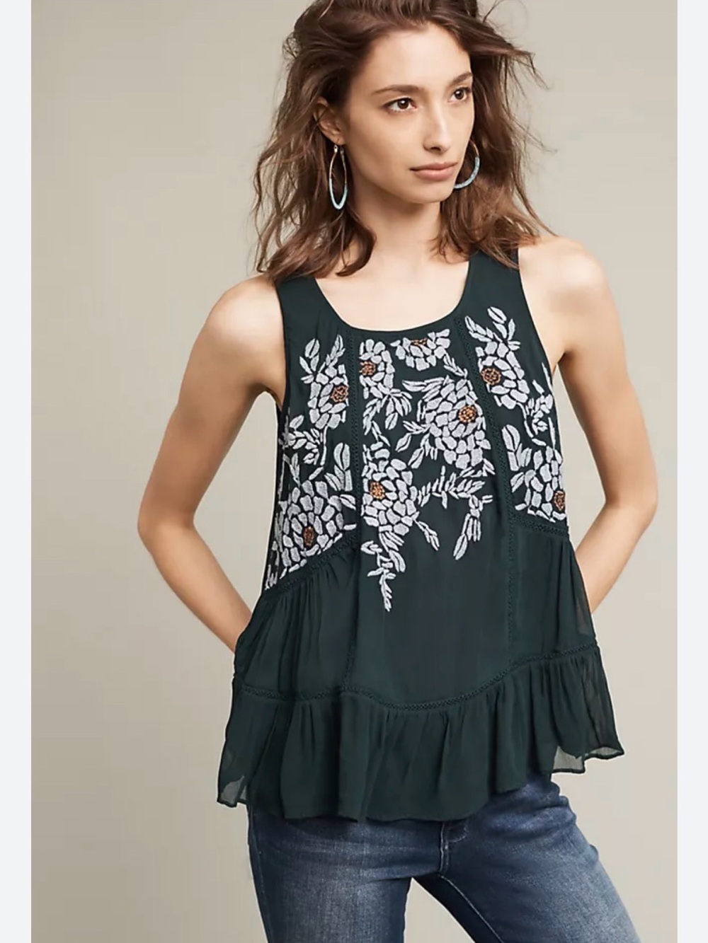 ANTHRO Floreat Roselle Embroidered Dark Green Sleeveless Peplum Top Sz M